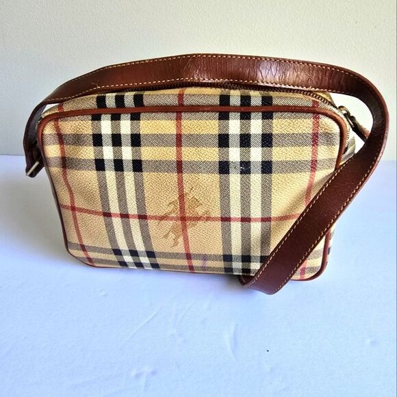 Burberry Haymarket Check Leather Trimmed Crossbody Bag Brown